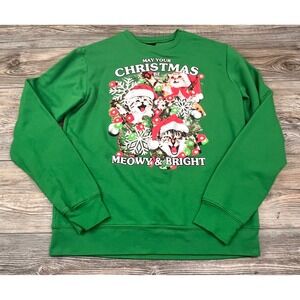 Fifth Sun Long Sleeve Ugly Christmas Crazy Cat Sweatshirt Green Size Large